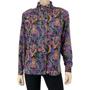Alyssa Carr Blouse Women 14 Multi Color Paisley Vintage Long Sleeve Button‎